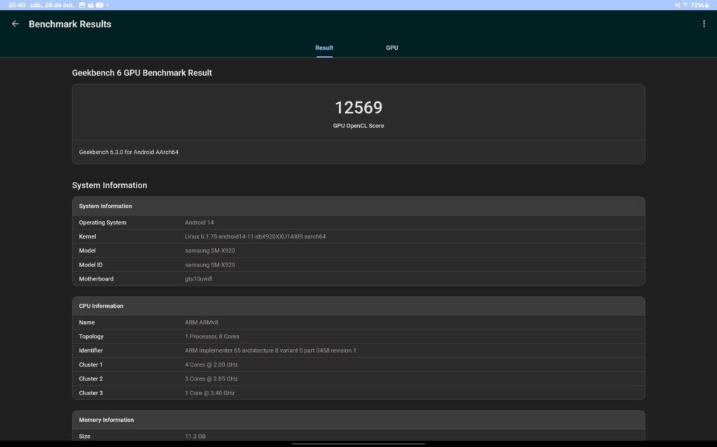 Benchmark de gpu para o galaxy tab s10 ultra no geekbench 5