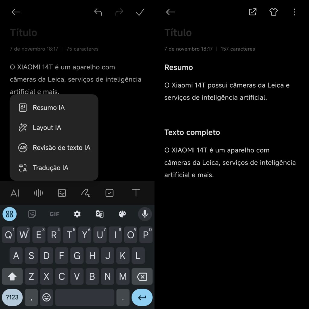 Bloco de notas com ia do xiaomi 14t