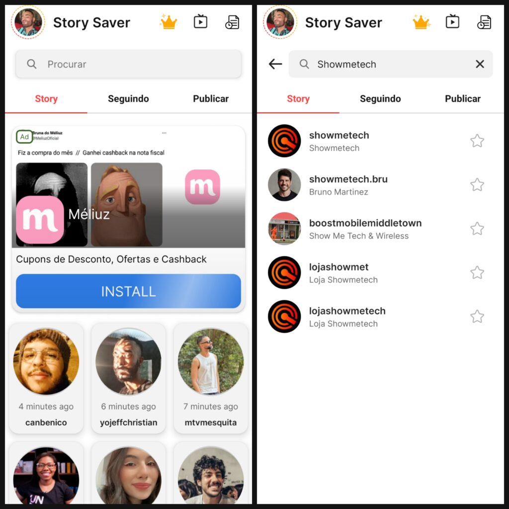 Uso do aplicativo storysaver para baixar fotos do instagram