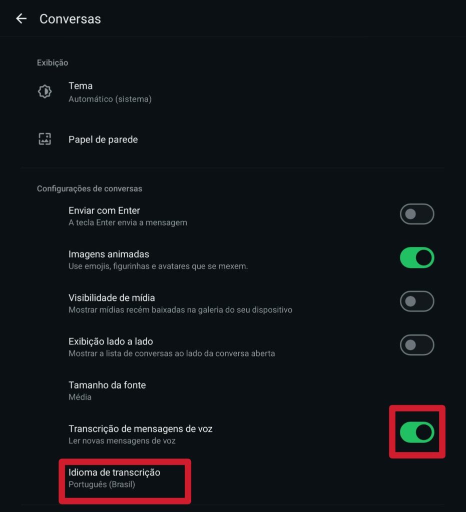 Ativação do recurso de transcrição de áudio para texto no whatsapp