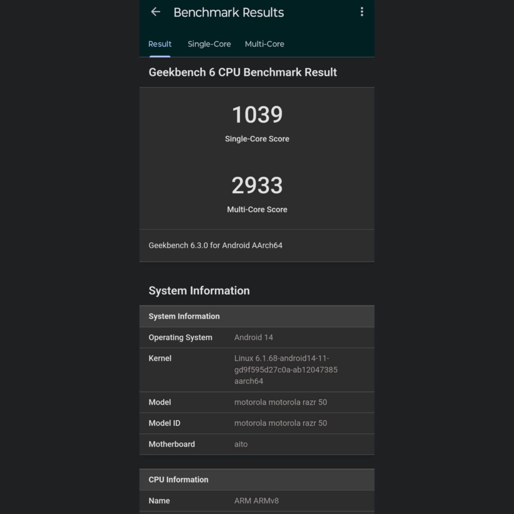 Testes de benchmark do motorola razr 50