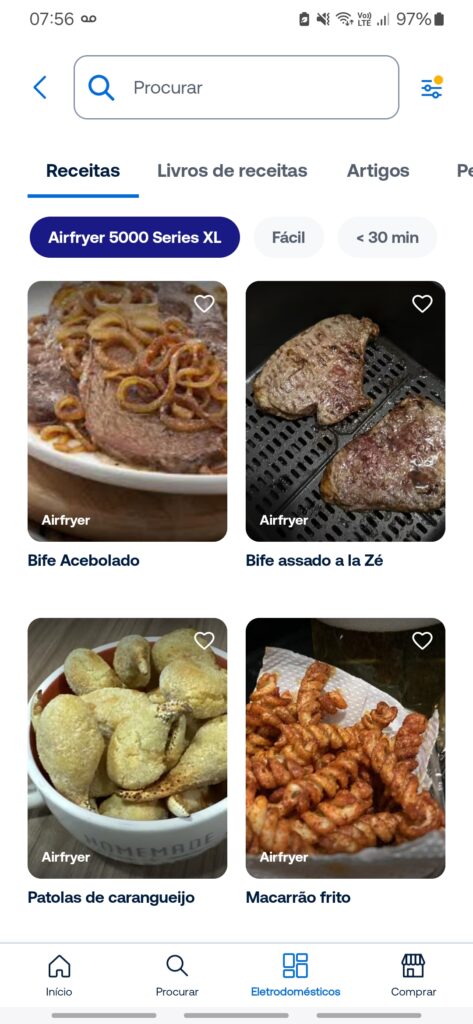A aba de receitas dentro do aplicativo homeid, com receitas exclusivas para o preparo na airfryer essential xl e em formato vídeo. (foto: reprodução/showmetech/enzo sapio monello)