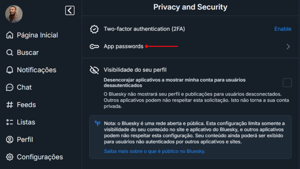 Senha de app do bluesky