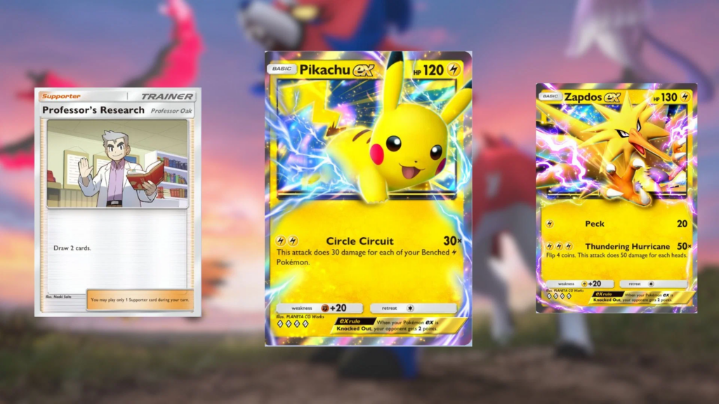 Pesquisa do professor, pikachu ex e zapdos ex de pokémon tcg pocket