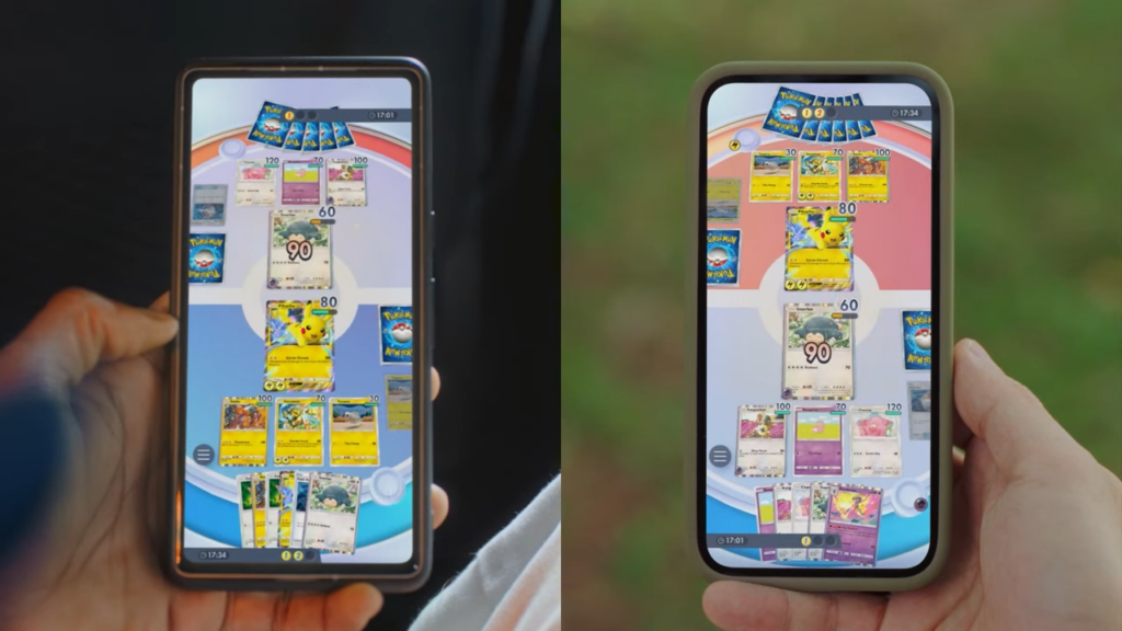 Uma mão segurando um smartphone com pokémon tcg pocket nele