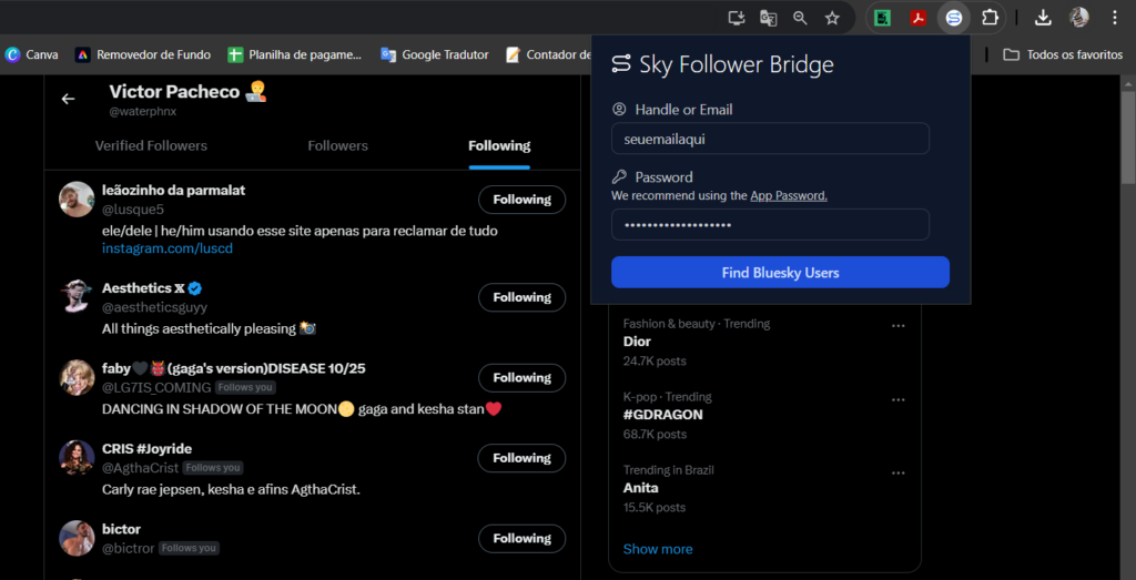 Aba de seguidores do twitter para adicionar usuários do x no bluesky