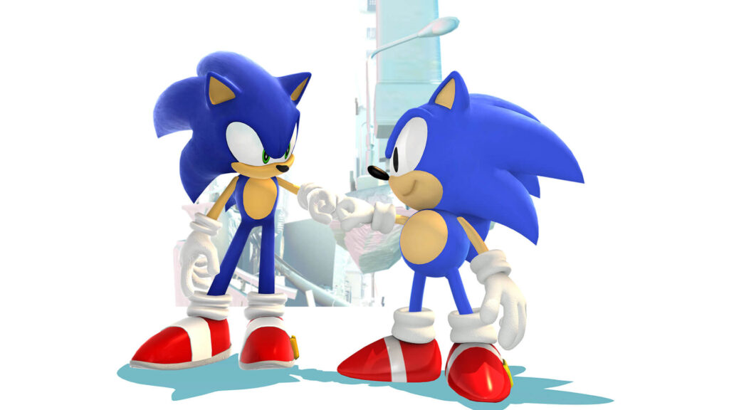 Sonic clássico e sonic atual juntos em sonic x shadow generations