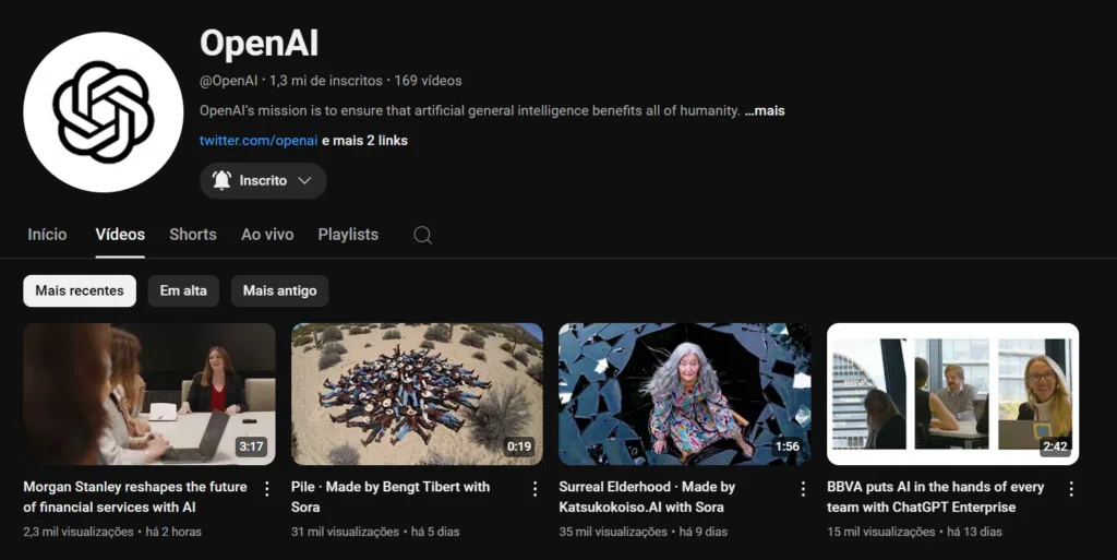 Canal do youtube onde serão liberadas as novidades da openai