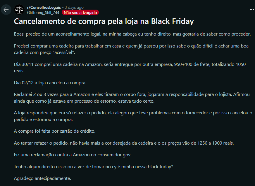 Relato no reddit sobre compra cancelada na amazon