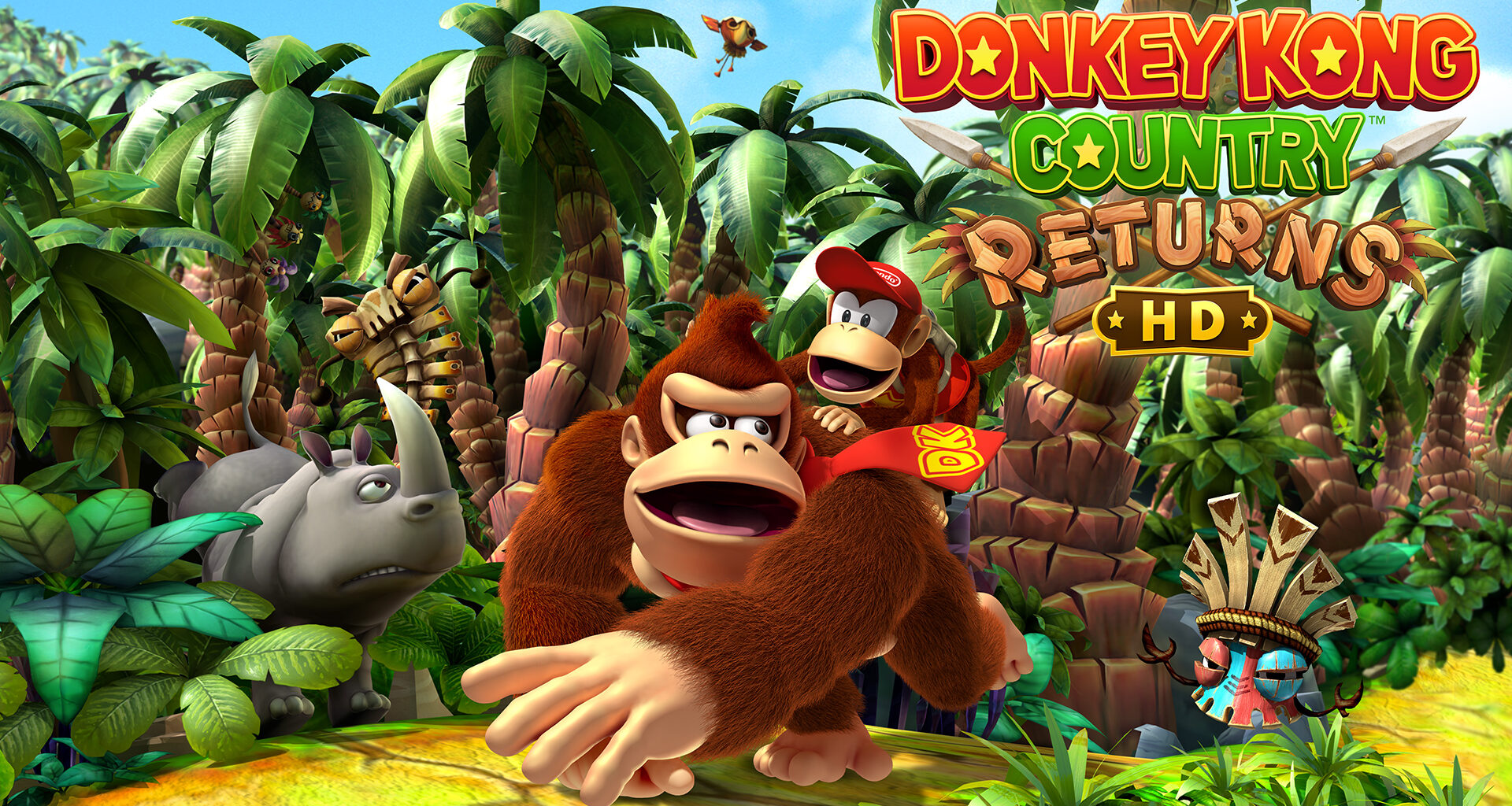 Arte principal de Donkey Kong Country Returns HD, com Donkey e Diddy na frente