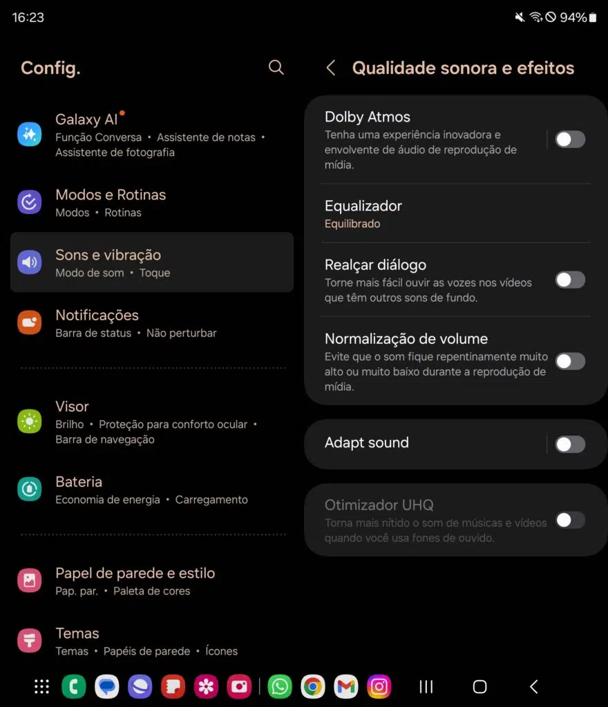 Dados de padrões de áudio do galaxy z fold6