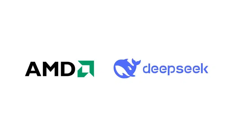 A imagem exibe o logo da amd na esquerda e a logo do deepseek, uma baleia azul ao lado direito. Como instalar o deepseek r1