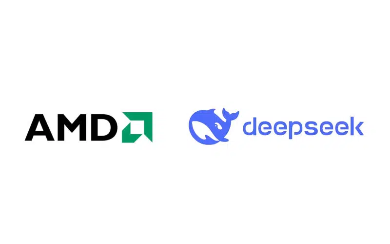 A imagem exibe o logo da amd na esquerda e a logo do deepseek, uma baleia azul ao lado direito. Como instalar o deepseek r1