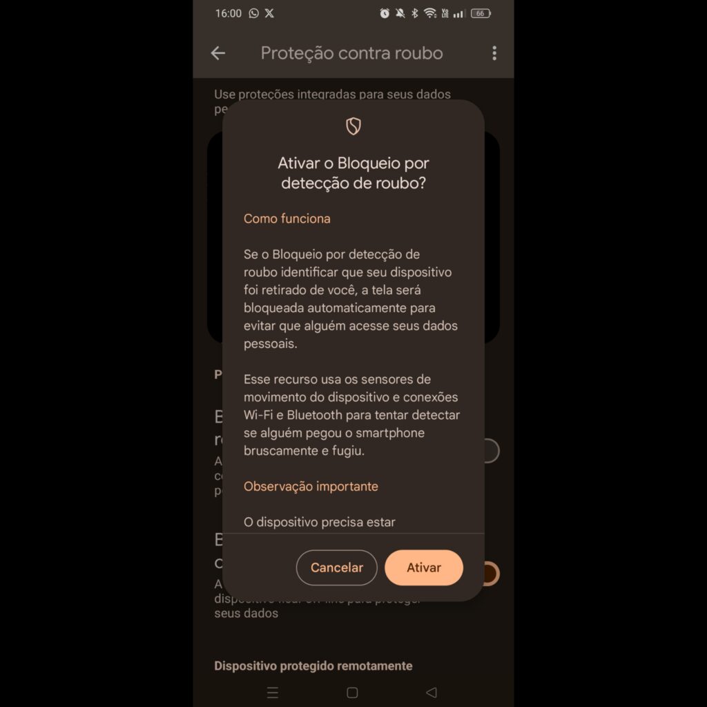 Ativação de proteção contra roubo no androidd