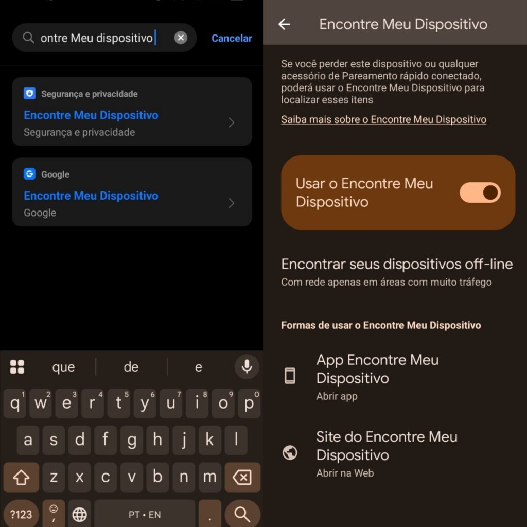 Ativação do encontre meu dispositivo em smartphones android