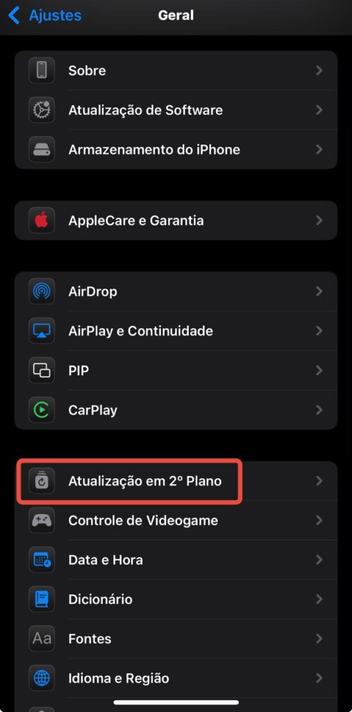 Ajustes de atualização em segundo plano no ios 18