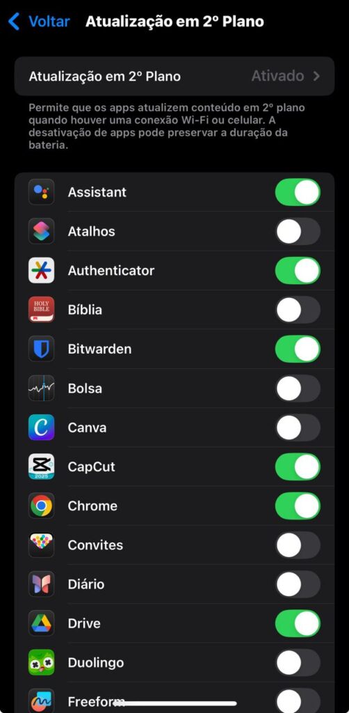 Ajustes de atualização em segundo plano no ios 18