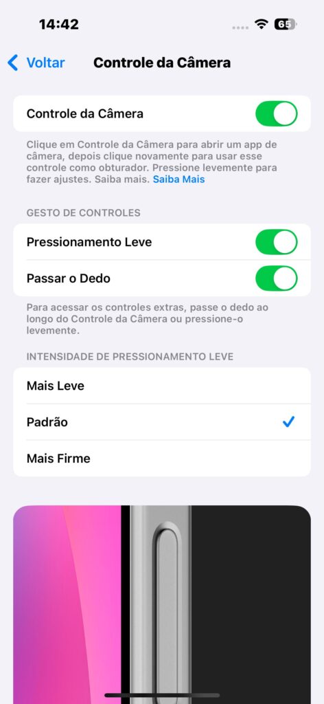 Controle de câmera no iphone 16