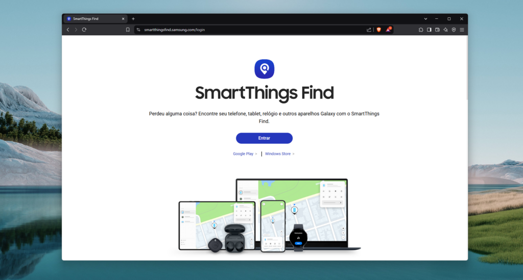 Tela inicial do site smartthings find da samsung