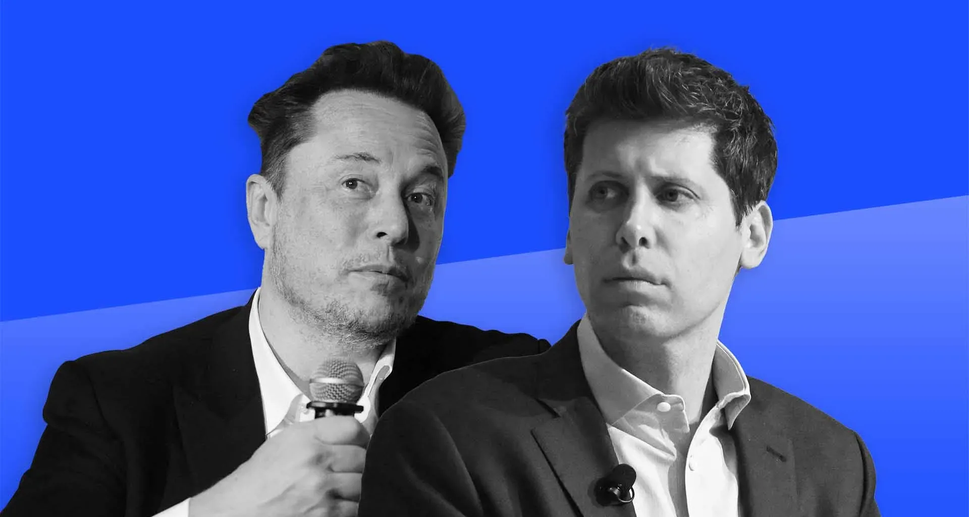 Elon mus e sam altman em fundo azul, com logo da openai atrás