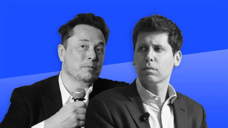 Elon mus e sam altman em fundo azul, com logo da openai atrás