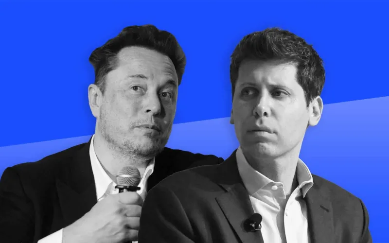 Elon mus e sam altman em fundo azul, com logo da openai atrás