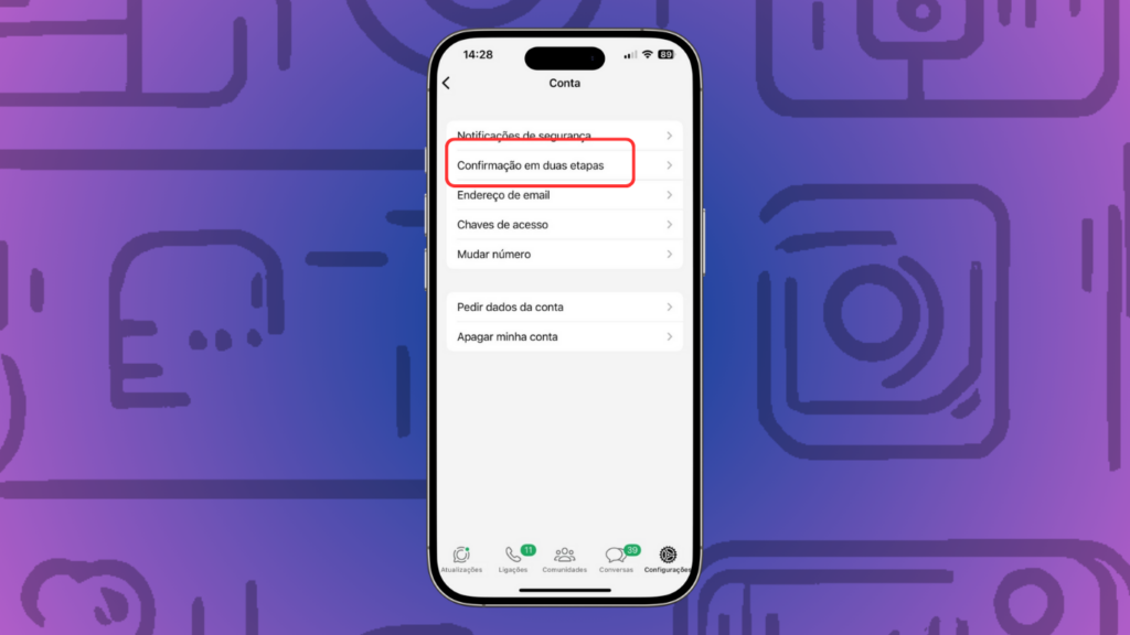 Opção de confirmação em duas etapas nas configurações do whatsapp