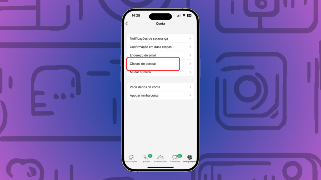 Opção de chaves de acesso nas configurações do whatsapp - imagem: showmetech/felipe faustino