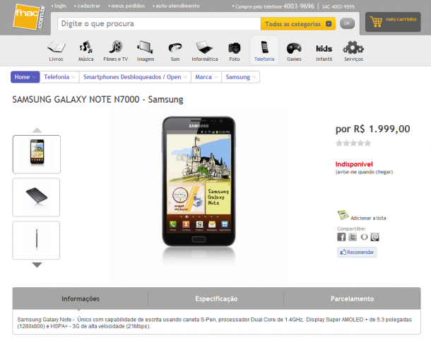 Galaxy Note aparece no site da Fnac Brasil - 42