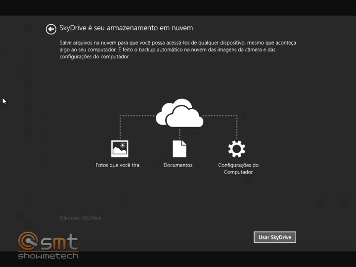 A integração com o skydrive é oferecida desde a primeira inicialização.