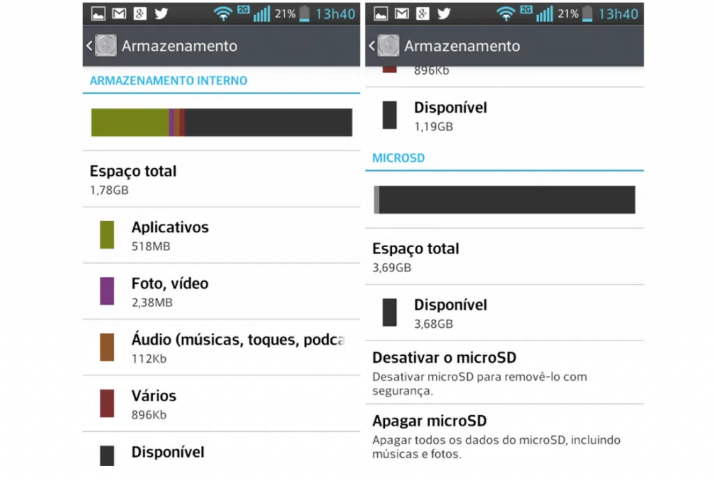 Armazenamento lg optimus l7 ii