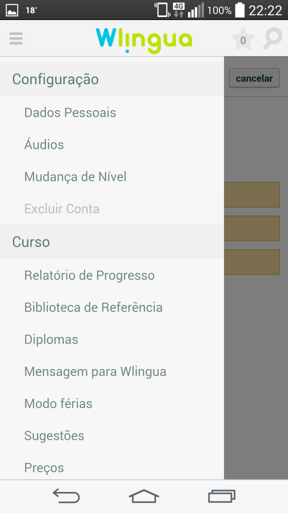 Menu de opções do app