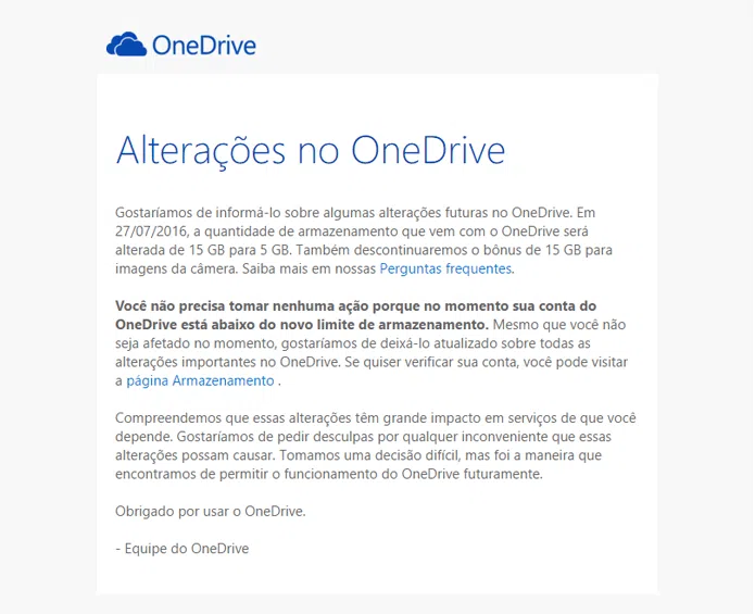 E-mail da equipe do onedrive