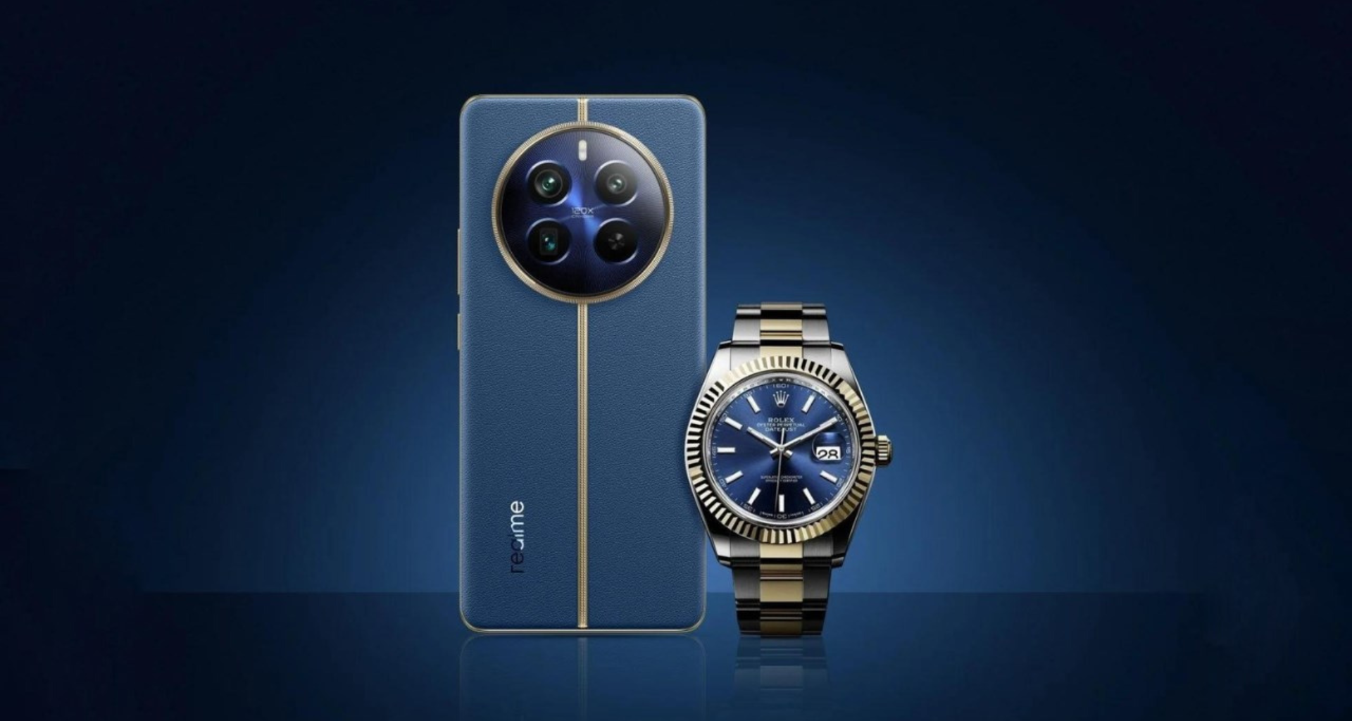  A blue Realme 12 Pro 5G smartphone with a periscope telephoto lens and 120x zoom capability displayed next to a luxury wristwatch.